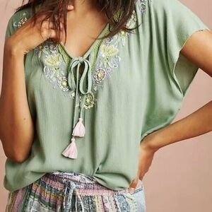 ANTHROPOLOGIE FLOREAT Women’s Green PERSEPHONE Tunic Top Embroidered Tassels XS
